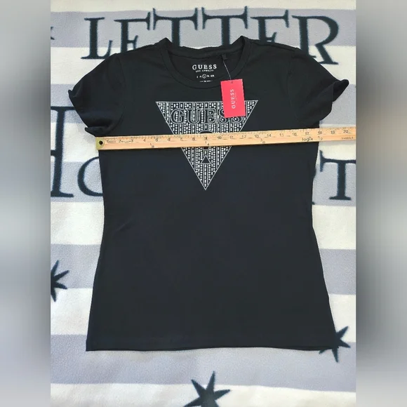 GUESS T-Shirt Women's Black Rhinestone Bling Triangle Logo Large NEW - Picture 7 of 13